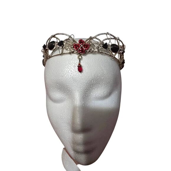 Handcrafted Custom Sterling Silver Circlet Crown with Black Onyx Cabachon and Ro - Picture 2 of 4